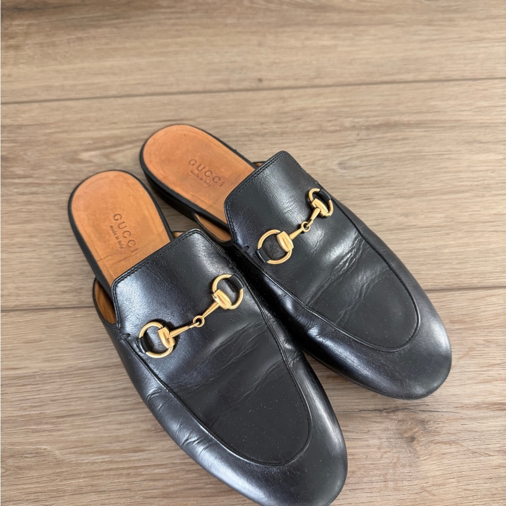 Gucci Princetown Black Leather Slip-On Loafers with Gold Detail
